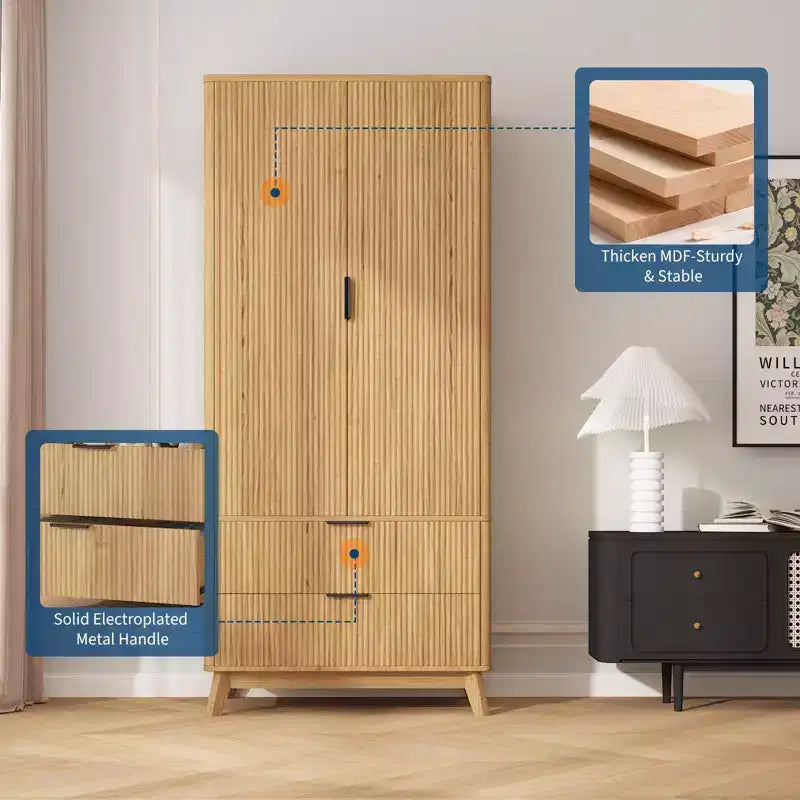 Armoire de rangement avec tiroirs 71", meuble de chambre en bois moderne avec étagères réglables et tringle de suspension