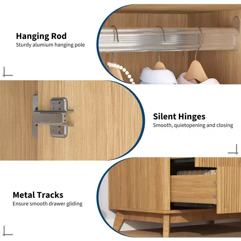 Armoire de rangement avec tiroirs 71", meuble de chambre en bois moderne avec étagères réglables et tringle de suspension