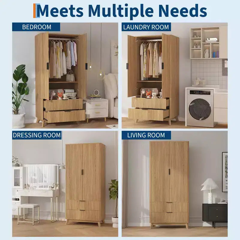 Armoire de rangement avec tiroirs 71", meuble de chambre en bois moderne avec étagères réglables et tringle de suspension