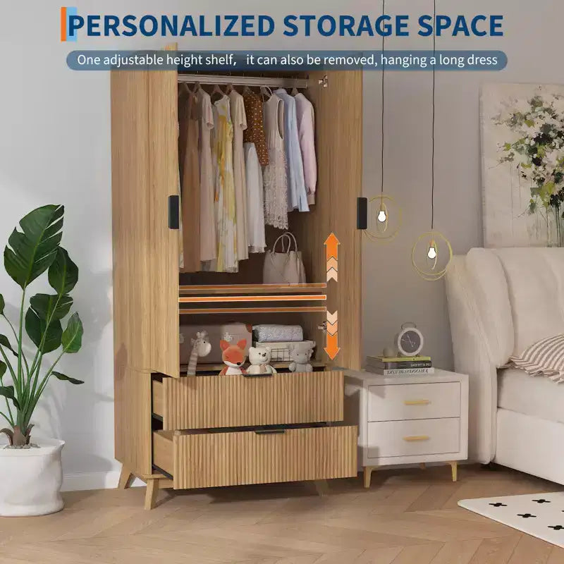 Armoire de rangement avec tiroirs 71", meuble de chambre en bois moderne avec étagères réglables et tringle de suspension