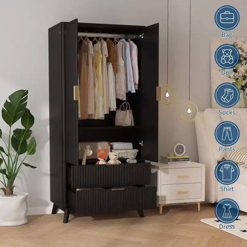 Armoire de rangement avec tiroirs 71", meuble de chambre en bois moderne avec étagères réglables et tringle de suspension