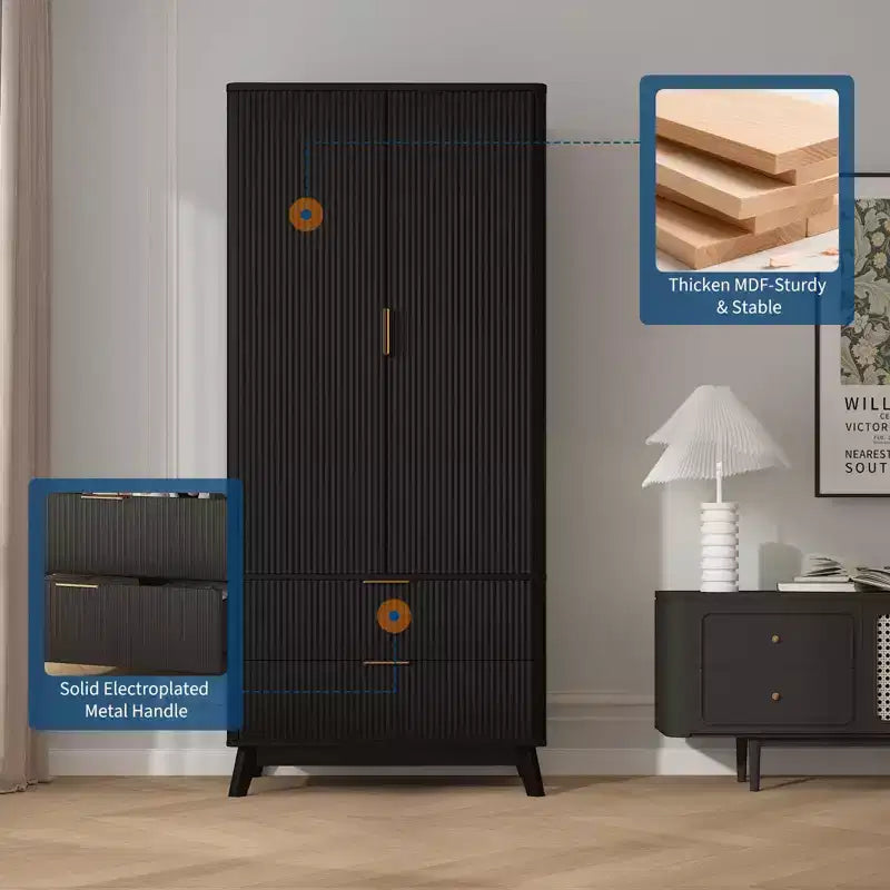 Armoire de rangement avec tiroirs 71", meuble de chambre en bois moderne avec étagères réglables et tringle de suspension