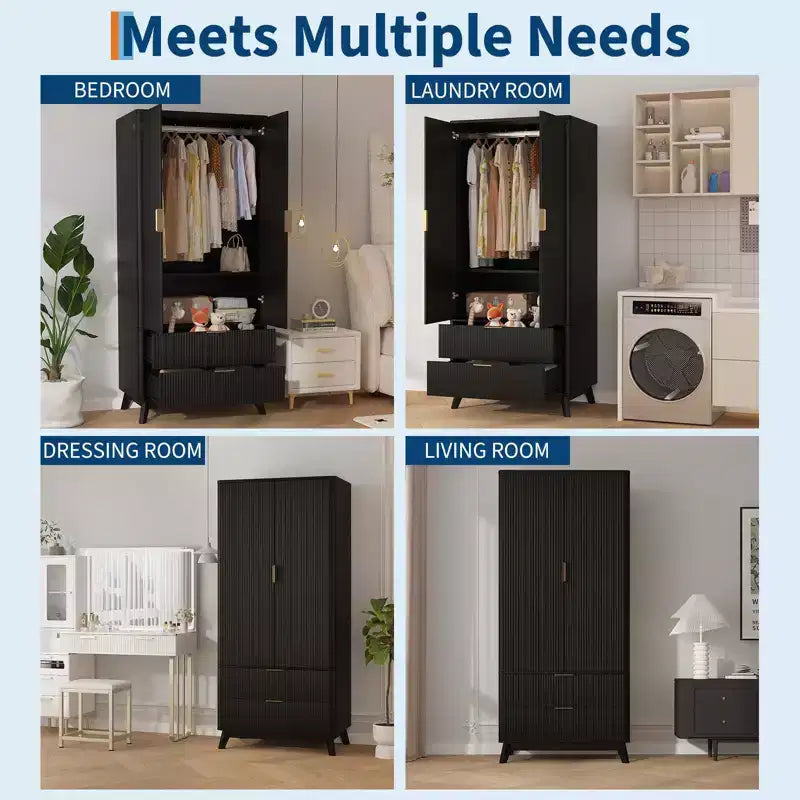Armoire de rangement avec tiroirs 71", meuble de chambre en bois moderne avec étagères réglables et tringle de suspension