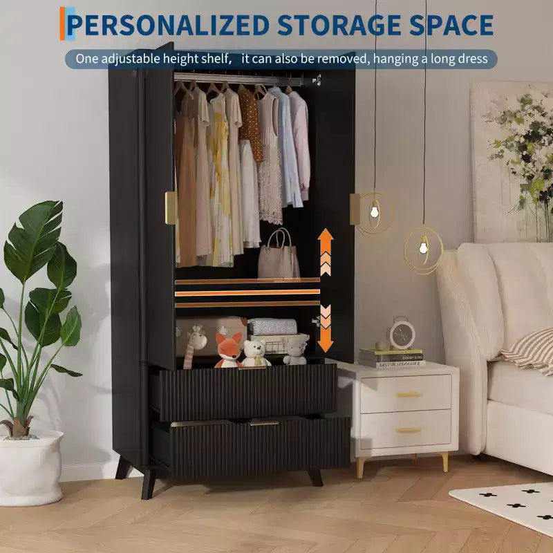Armoire de rangement avec tiroirs 71", meuble de chambre en bois moderne avec étagères réglables et tringle de suspension