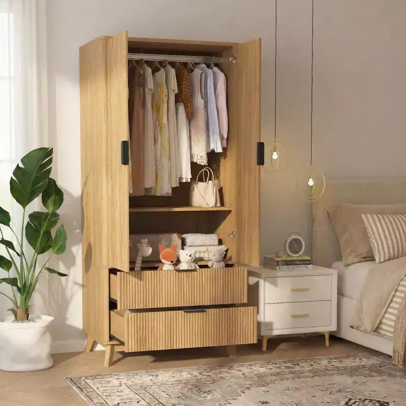 Armoire de rangement avec tiroirs 71", meuble de chambre en bois moderne avec étagères réglables et tringle de suspension