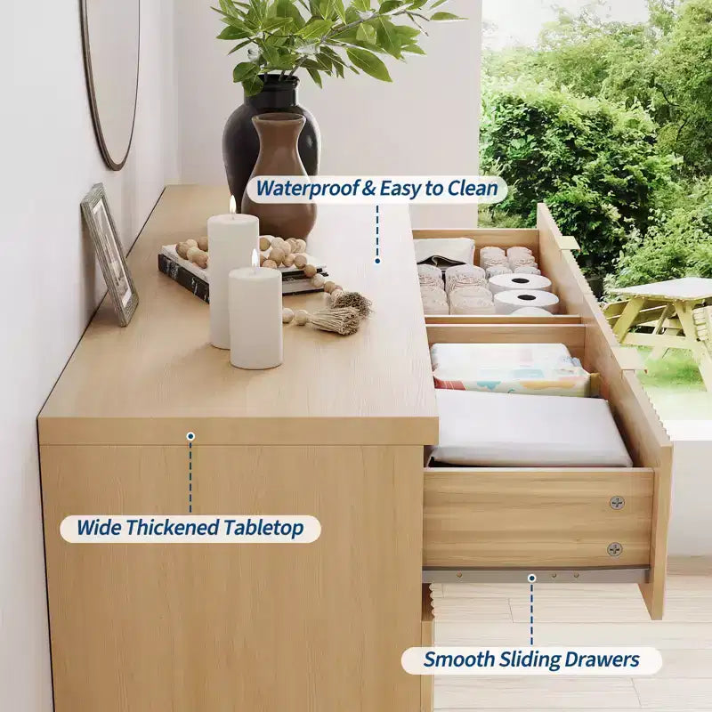 Commode à 6 tiroirs pour chambre à coucher - Commode cannelée large avec poignées dorées - Organisateur moderne et meuble TV - Chêne naturel