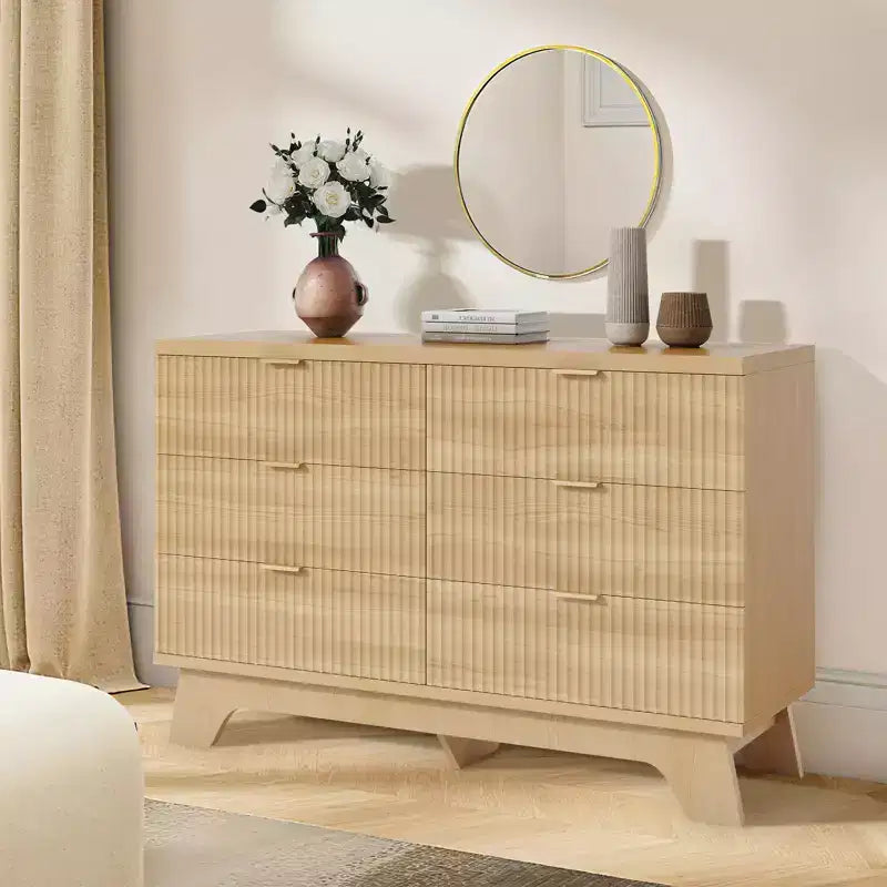 Commode à 6 tiroirs pour chambre à coucher - Commode cannelée large avec poignées dorées - Organisateur moderne et meuble TV - Chêne naturel