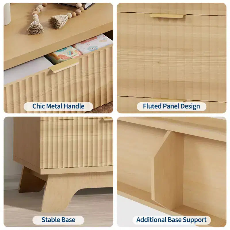 Commode à 6 tiroirs pour chambre à coucher - Commode cannelée large avec poignées dorées - Organisateur moderne et meuble TV - Chêne naturel