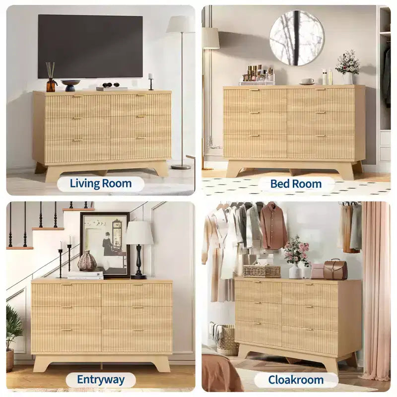 Commode à 6 tiroirs pour chambre à coucher - Commode cannelée large avec poignées dorées - Organisateur moderne et meuble TV - Chêne naturel