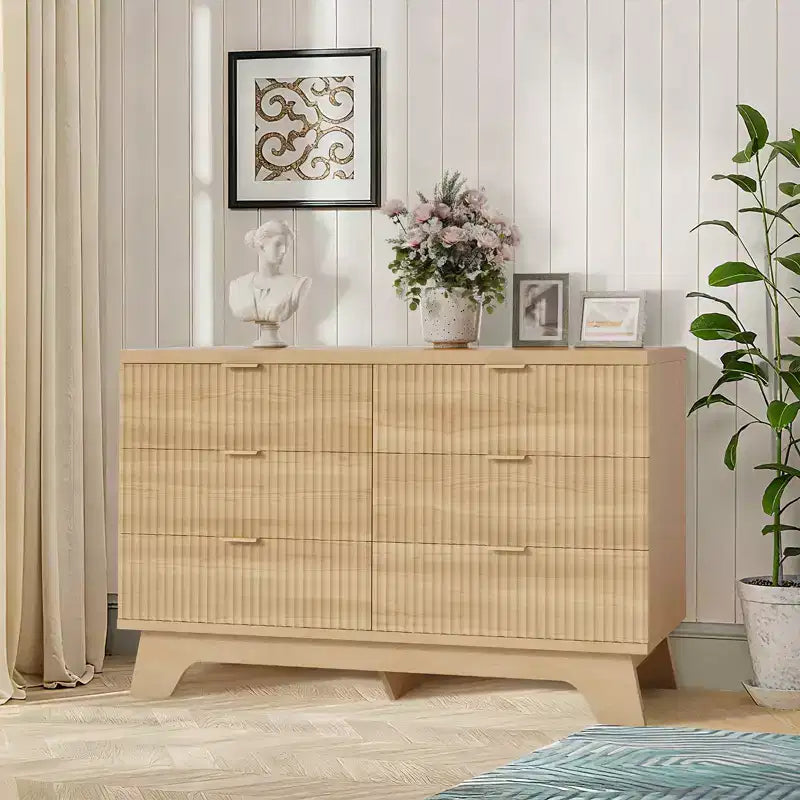 Commode à 6 tiroirs pour chambre à coucher - Commode cannelée large avec poignées dorées - Organisateur moderne et meuble TV - Chêne naturel