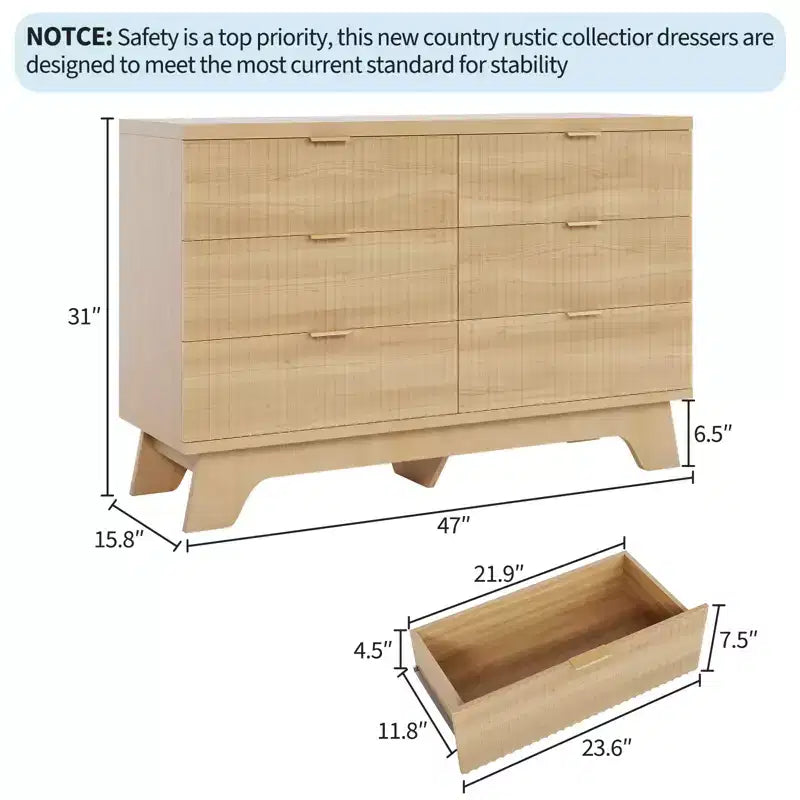 Commode à 6 tiroirs pour chambre à coucher - Commode cannelée large avec poignées dorées - Organisateur moderne et meuble TV - Chêne naturel
