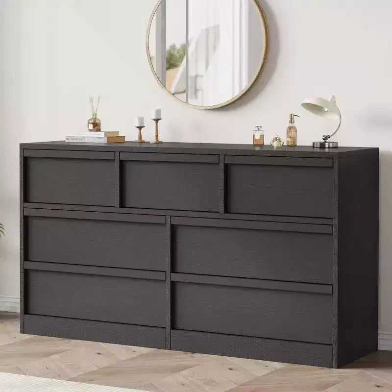 Commode à 7 tiroirs pour chambre à coucher, meuble de rangement en bois avec poignées concaves, organisateur de commode moderne, noir