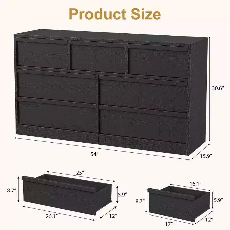 Commode à 7 tiroirs pour chambre à coucher, meuble de rangement en bois avec poignées concaves, organisateur de commode moderne, noir
