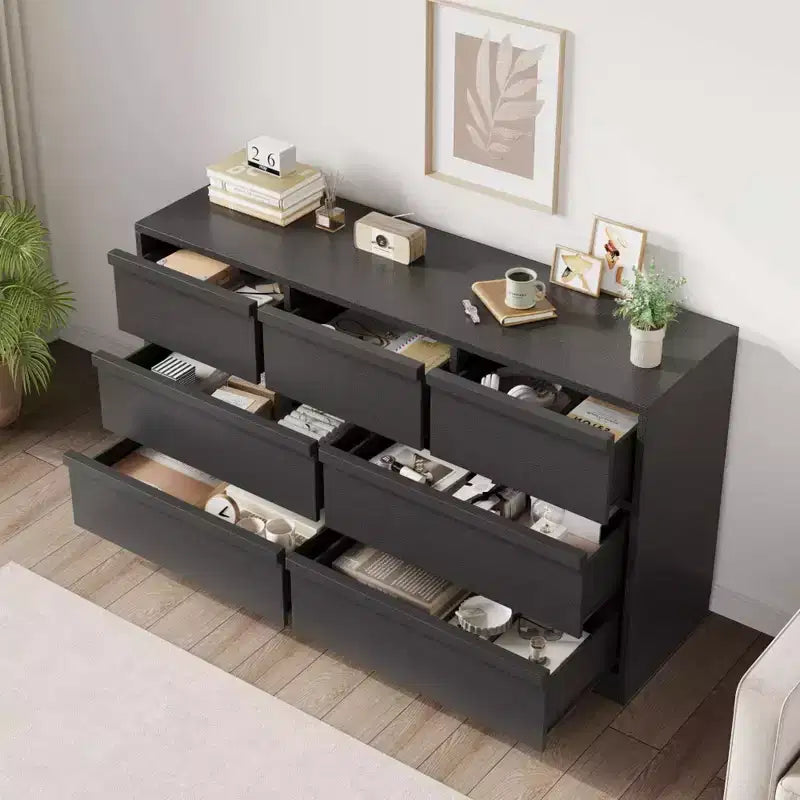 Commode à 7 tiroirs pour chambre à coucher, meuble de rangement en bois avec poignées concaves, organisateur de commode moderne, noir