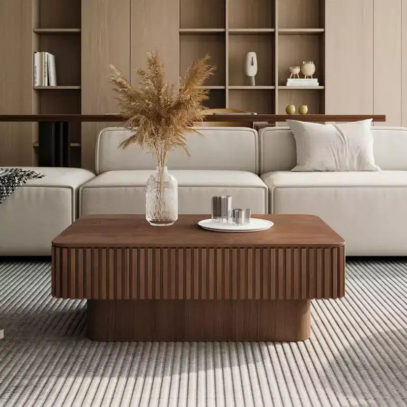 Table basse relevable cannelée de 38,6 po avec rangement, placage en bois massif, hauteur réglable, table d'appoint moderne pour salon, chambre, noyer