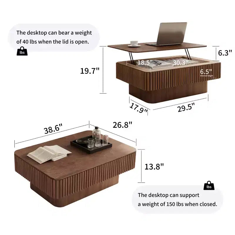 Table basse relevable cannelée de 38,6 po avec rangement, placage en bois massif, hauteur réglable, table d'appoint moderne pour salon, chambre, noyer