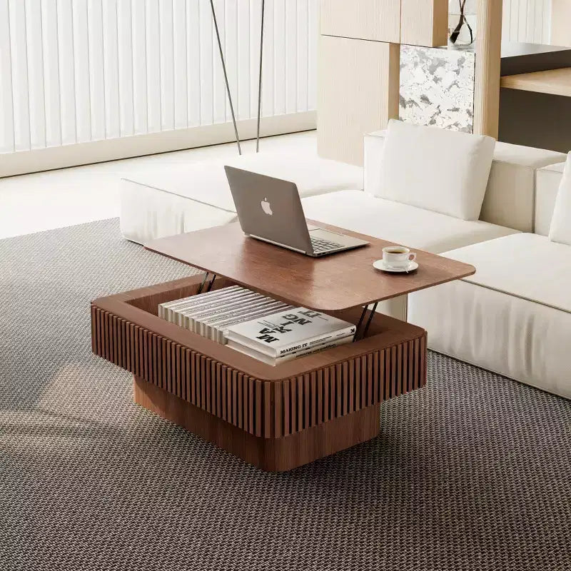 Table basse relevable cannelée de 38,6 po avec rangement, placage en bois massif, hauteur réglable, table d'appoint moderne pour salon, chambre, noyer