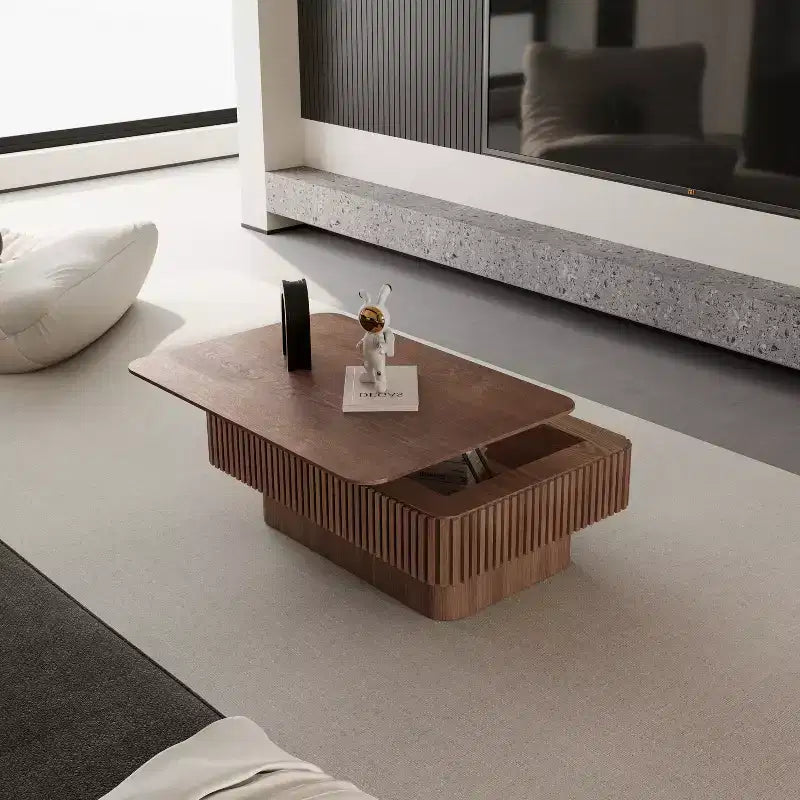 Table basse relevable cannelée de 38,6 po avec rangement, placage en bois massif, hauteur réglable, table d'appoint moderne pour salon, chambre, noyer