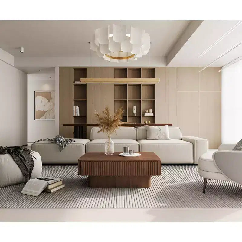 Table basse relevable cannelée de 38,6 po avec rangement, placage en bois massif, hauteur réglable, table d'appoint moderne pour salon, chambre, noyer