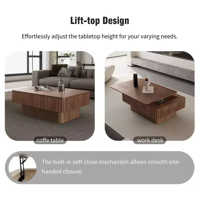 Table basse relevable cannelée de 38,6 po avec rangement, placage en bois massif, hauteur réglable, table d'appoint moderne pour salon, chambre, noyer
