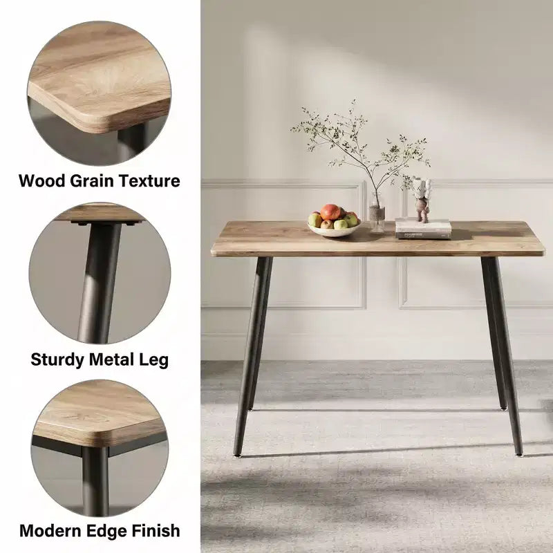 Table à manger rectangulaire moderne avec plateau en bois MDF et pieds en métal, table de cuisine pour appartement ou maison, espace de repas