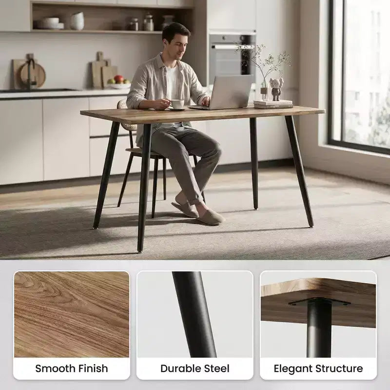 Table à manger rectangulaire moderne avec plateau en bois MDF et pieds en métal, table de cuisine pour appartement ou maison, espace de repas