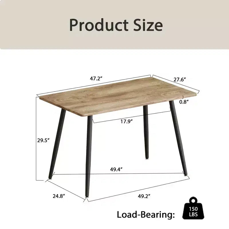 Table à manger rectangulaire moderne avec plateau en bois MDF et pieds en métal, table de cuisine pour appartement ou maison, espace de repas