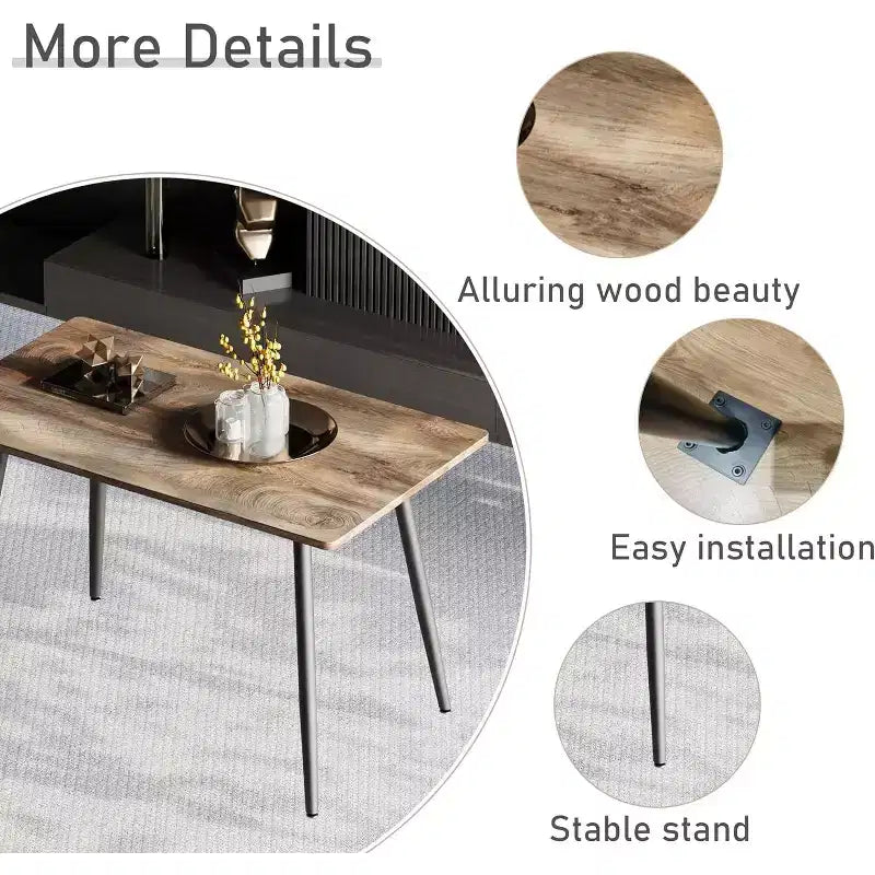 Table à manger rectangulaire moderne avec plateau en bois MDF et pieds en métal, table de cuisine pour appartement ou maison, espace de repas