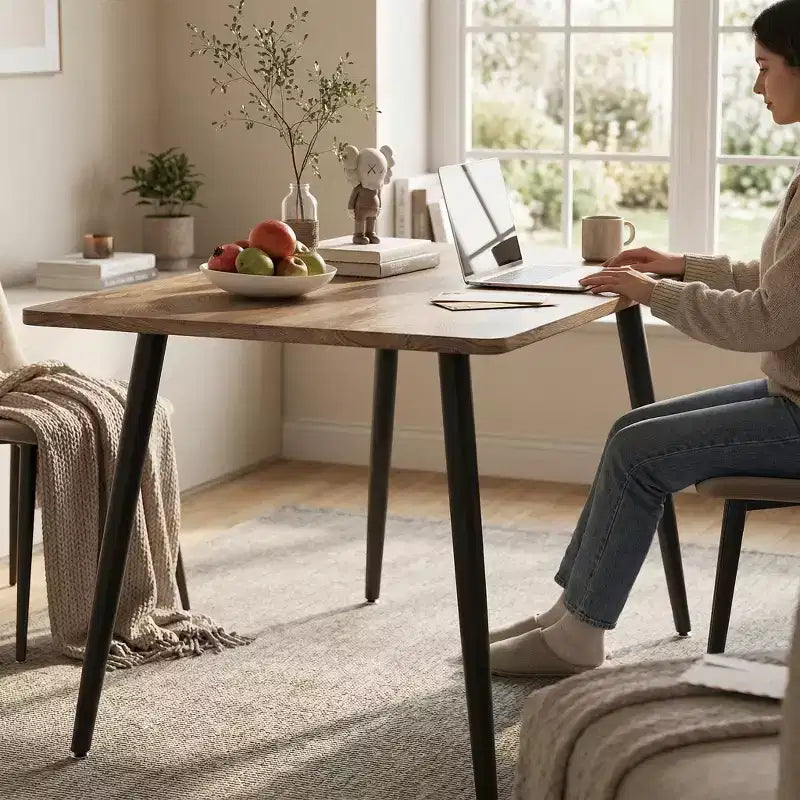 Table à manger rectangulaire moderne avec plateau en bois MDF et pieds en métal, table de cuisine pour appartement ou maison, espace de repas