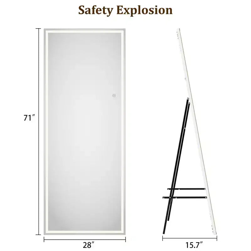 Miroir LED pleine longueur 71x 28 Miroir intégral avec lumière Miroir sur pied Miroir mural Miroir autoportant à intensité variable 3 couleurs d'éclairage Chambre Salle de bain
